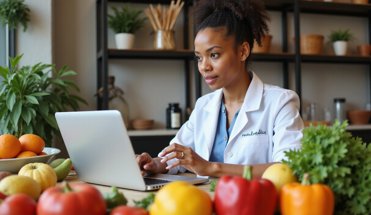 Ein Ernährungsexperte, der eine Online-Beratung durchführt, mit frischem Obst und Gemüse im Hintergrund.