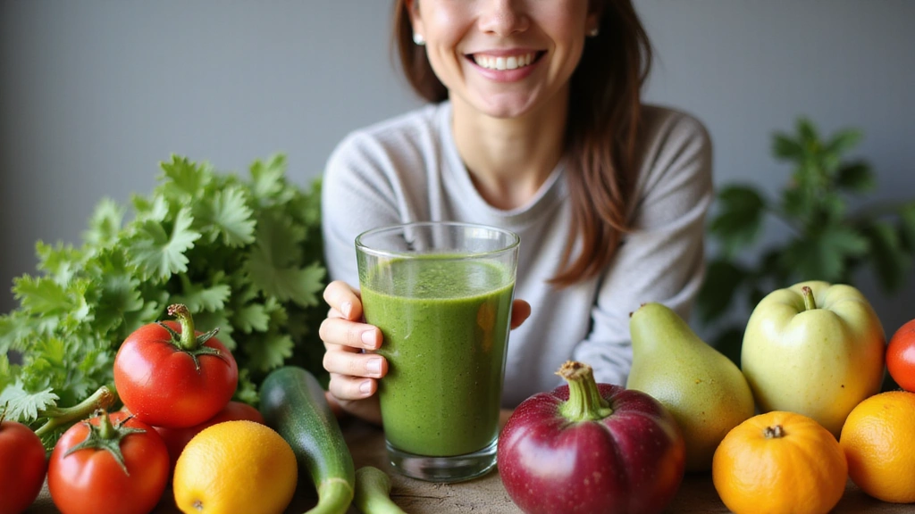 Frische Lebensmittel und eine glückliche Person, die einen gesunden Smoothie hält.